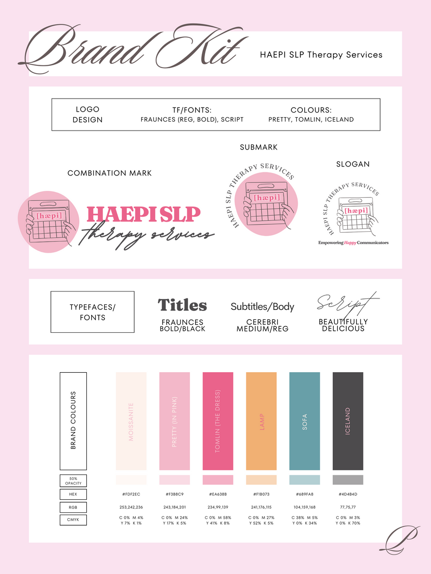 Brand Kit for HAEPI SLP by Piper Rasmussen Creative Studio, shown on a pink background