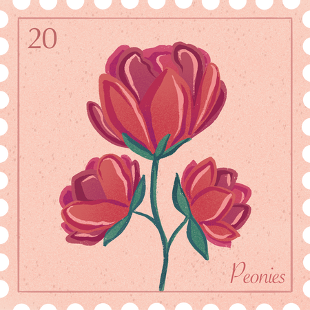 Vintage Flowers & Insects Postage Stamps Peonies